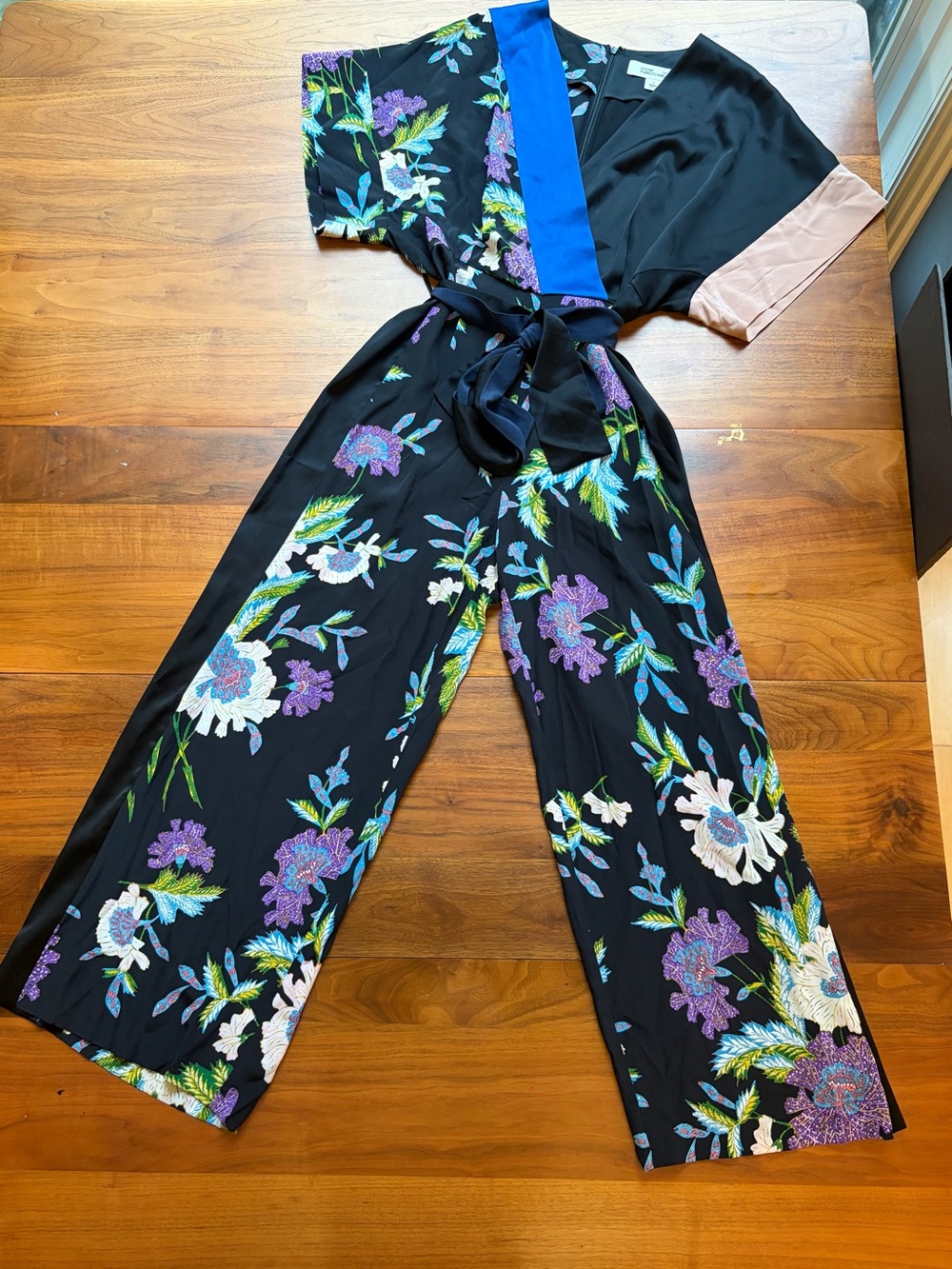 Diane von Furstenberg Silk Floral Colorblock Wide Leg Jumpsuit 4